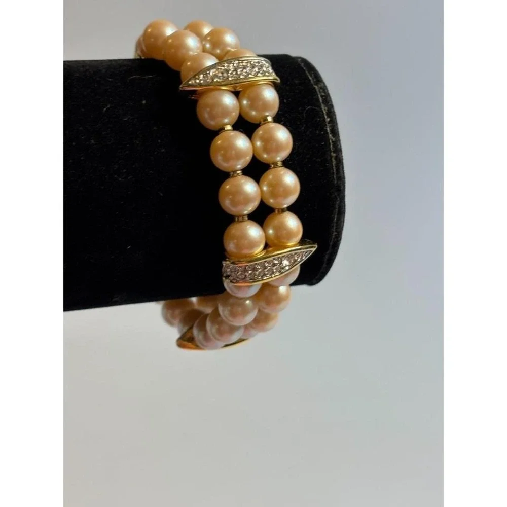 Bracelet Chunky‎ Bold 80s Maximalist Fashion Faux Pearl Gold Tone Rhinestone